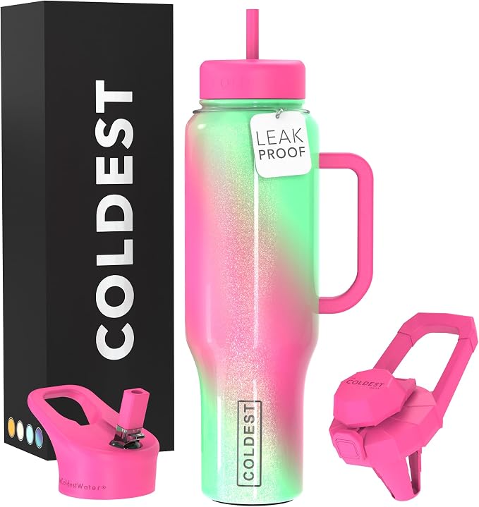 Coldest Tumbler with Handle and Straw, 100% Spill Proof Tumbler with Straw (3 Lids), Stainless Steel Insulated Leakproof Tumblers for Women Men, Cup Holder Friendly, 46 oz (Coldie Dream) by Coldest