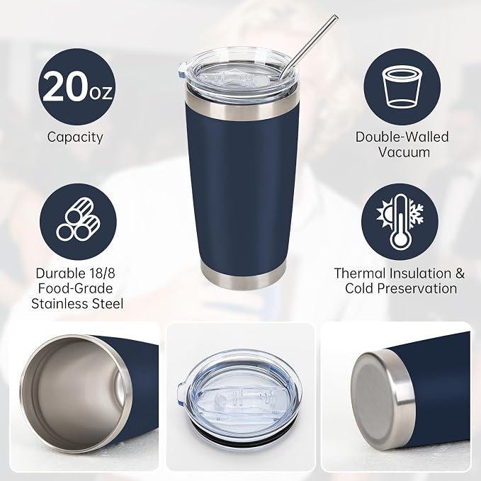 IEOVIEE 32 Pack, 20oz Stainless Steel Bulk Tumblers with Lids and Straws, Double Wall Insulated Travel Coffee Mug, Durable Powder Coated Tumbler Bulk Cup for Cold and Hot Drinks (Navy Blue) - Image 5