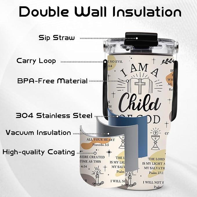 20oz God Tumblers - Child of God Tumbler with Straw Handle, Leak-proof, BPA-free, Double Wall Insulated, Christian Gifts Cup for Boys Girls, Insulated Coffee Tumbler God Stainless Steel Cup for Women - Image 5
