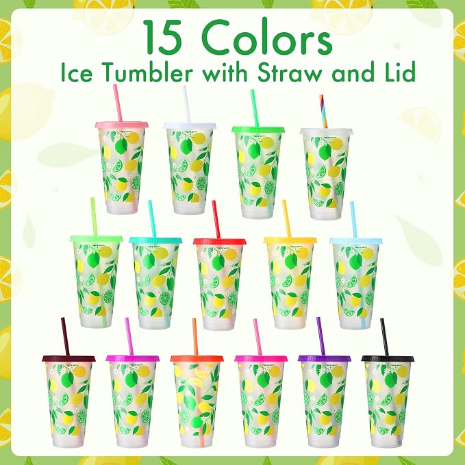 Honeydak 24 oz Lemon Tumbler with Straw and Lid Gifts Reusable Plastic Cups Bulk Water Bottle Iced Coffee Travel Mug Cup for Birthday Party - Image 3