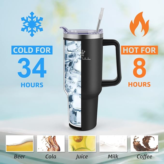 40 oz Tumbler with Handle and Straw Lid, 100% Leak-proof Travel Coffee Mug, Stainless Steel Insulated Cup for Hot and Cold Beverages, Keeps Cold for 34Hrs or Hot for 10Hrs, Dishwasher Safe (Black) - Image 4