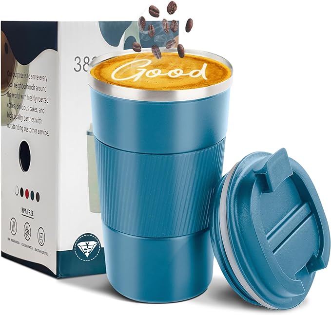 YINBAOGE Insulated Travel Coffee Mug, Spill & Leak Proof, Portable To Go Camping Stainless Steel Coffee Tumbler, Reusable Thermal Coffee Cup with Lid for Hot & Cold Drinks (Blue, 17 OZ) by YINBAOGE