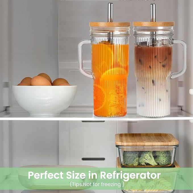 Birity 24oz Ribbed Glass Cup with Lids and Straws,2Pack Glass Tumbler with Handle,Reusable lced Coffee Cups with lids-Glass Cups with Lids,Mason Jar Cup for Smoothie,Coffee,Juice,Water,Tea,Travel Mug - Image 5