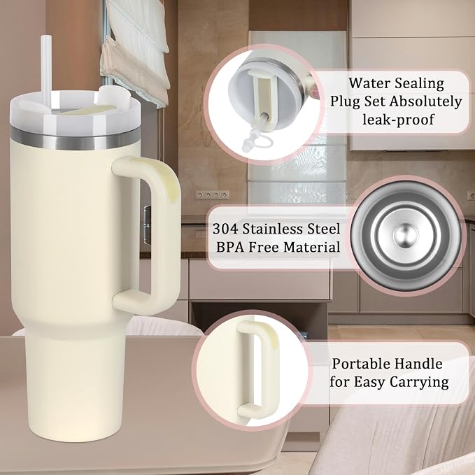 4 Pack 40 Oz Tumbler with Handle Bulk, Double Wall Vacuum Insulated Stainless Steel Tumbler with Lid and Straw, 40 oz cup with Silicone Spill Proof Stopper Set (Cream) - Image 4