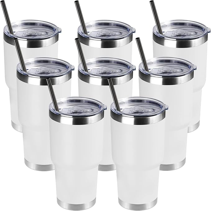 DOMICARE 30oz Tumbler Bulk with Lid and Straw, Double Wall Travel Coffee Mug, Insulated Vacuum Stainless Steel Tumblers, Powder Coated Tumbler Cup (White, 8) by VisittheDOMICARE