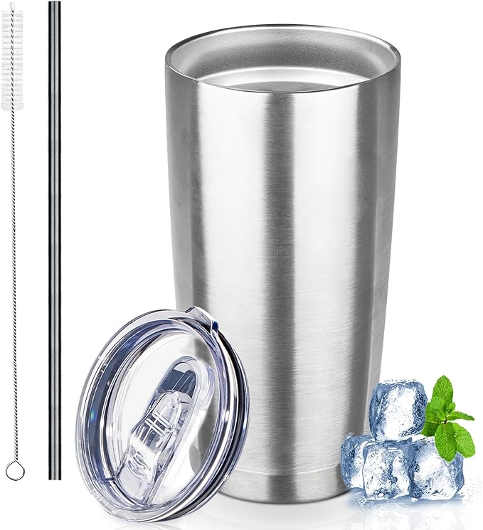 20 oz Tumbler with Lids and Straws, Stainless Steel Insulated Coffee Tumbler, Double Wall Vacuum Insulated Travel Mug Cup, Leakproof Thermal Coffee Cup for Hot and Cold Drinks (Silver) by GUDEMAO