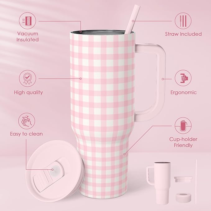 Pink Gingham 40oz Slider Tumbler with Handle and Straw - Insulated Stainless Steel Travel Coffee Mug for Women Girls, Gift for Birthday, Christmas - Image 2