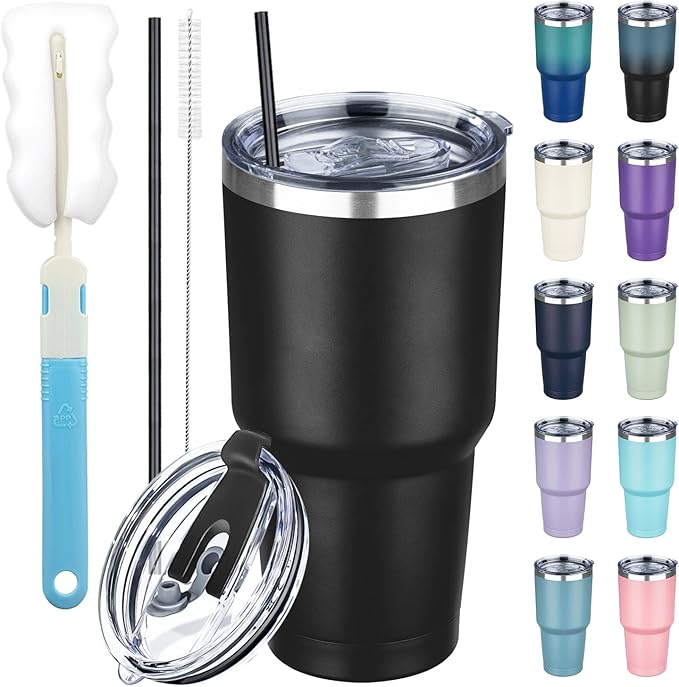 30 oz Tumbler with Lids and Straws, Stainless Steel Insulated Coffee Tumbler, Double Wall Vacuum Insulated Travel Mug Cup, Leakproof Thermal Coffee Cup for Hot and Cold Drinks (Black) by GUDEMAO