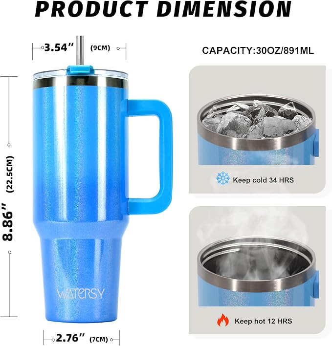 30 oz Shiny Tumbler with Handle and Straw,Stainless Steel Tumbler with Lid and Straw,Insulated Travel Mug(Cold for 34 Hours),Water Bottle for Iced Tea,Coffee (Blue) - Image 2