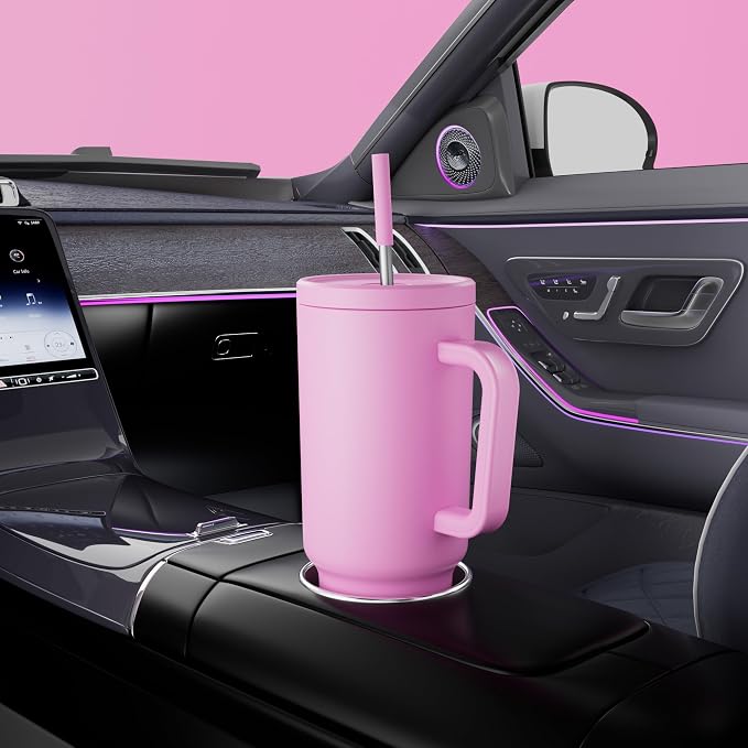 Meoky 40 oz Tumbler with Handle and Straw: Stainless Steel Insulated Tumbler with Lid and Straw - 100% Leak Proof Tumbler for Car Cup Holders - Travelers Commuters Workers, Pink - Image 5