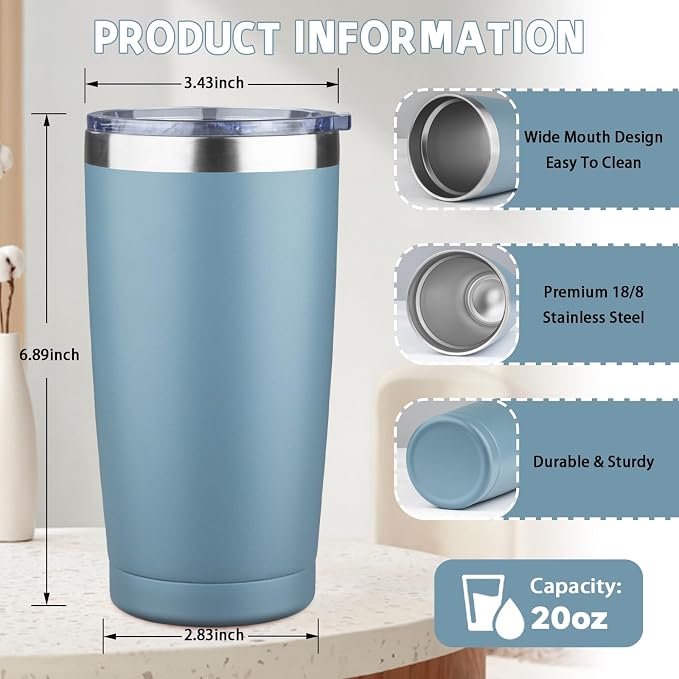 20 oz Tumbler with Lids and Straws, Stainless Steel Insulated Coffee Tumbler, Double Wall Vacuum Insulated Travel Mug Cup, Leakproof Thermal Coffee Cup for Hot and Cold Drinks (azure blue) - Image 2
