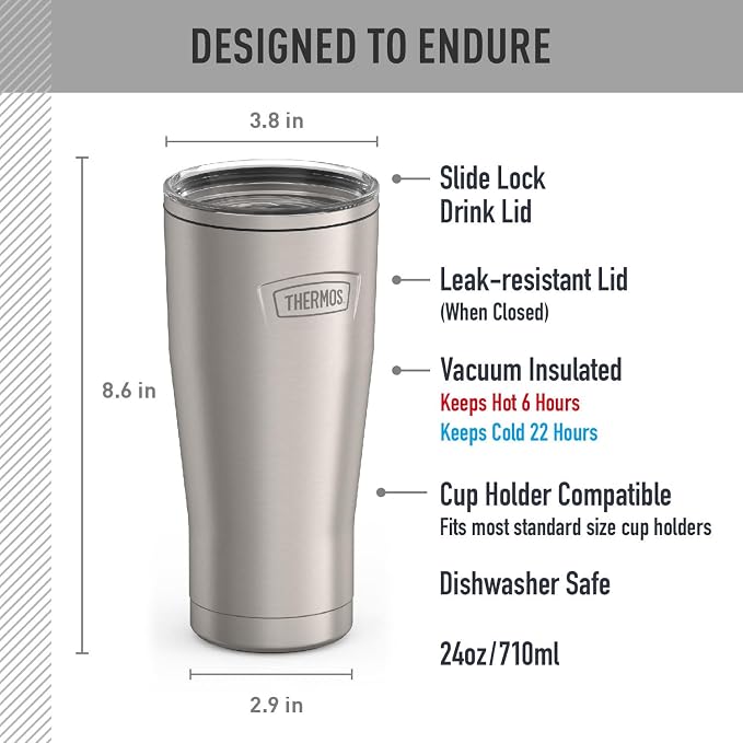 THERMOS ICON SERIES, Stainless Steel Cold Tumbler with Slide Lock, 24 Ounce, Matte Stainless Steel - Image 7