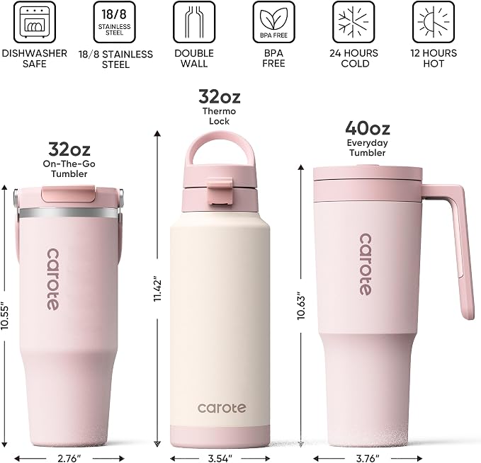 CAROTE 3-Pack Insulated Stainless Steel Water Bottles, Cup Holder Compatible for Travel, Upgraded Leak Proof, 32/32/40 oz Built-In Straw Tumblers Set for Daily Use/Outdoor (Peach) - Image 2