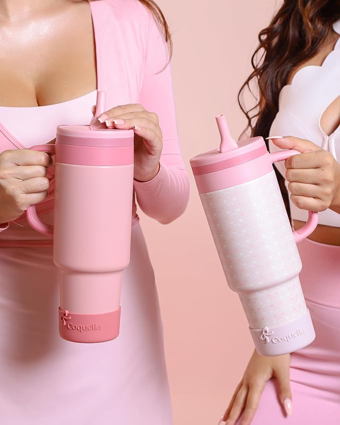 40 oz Insulated Tumbler with Handle and Push-Button Straw Lid, Stainless Steel Travel Cup for Gym Office, Leakproof, BPA-Free, Cup Holder Friendly, Bow Silicone Boot, Pink (Rose Quartz) - Image 8