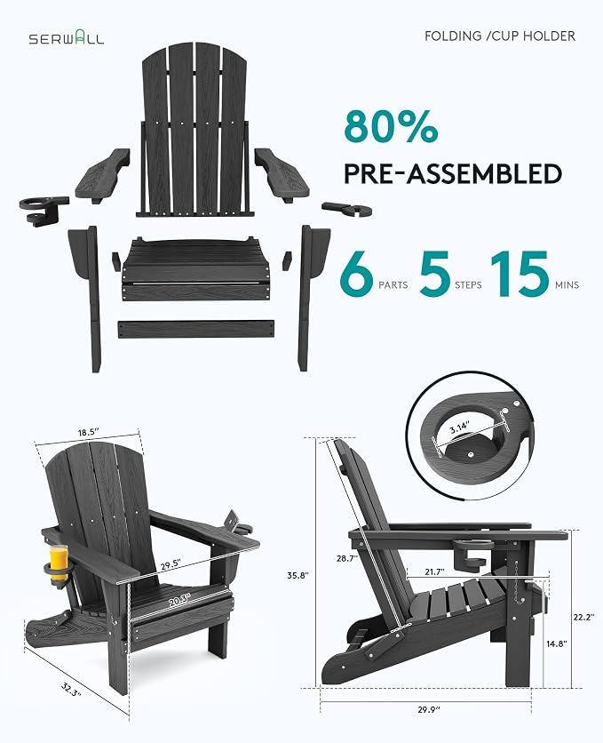 SERWALL Foldable Adirondack Chair Set of 8, Oversized HDPE Adirondack Chair - Image 4