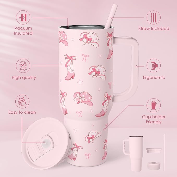 Cowgirl 40oz Slider Tumbler with Handle and Straw - Insulated Stainless Steel Travel Coffee Mug for Women Girls, Gift for Birthday, Christmas - Image 2