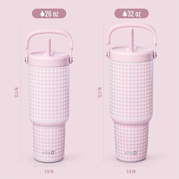 Ello Oasis Go+ 26oz Tumbler with Top Handle and Retracting Straw | Reusable Insulated Stainless Steel Cup, 100% Leakproof Water Bottle, 24 Hours Cold, Cup Holder Friendly For Travel | Pink Gingham - Image 7