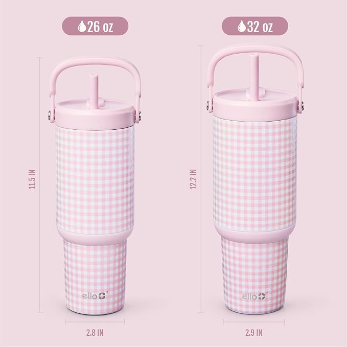 Ello Oasis Go+ 32oz Tumbler with Top Handle and Retracting Straw | Reusable Insulated Stainless Steel Cup, 100% Leakproof Water Bottle, 24 Hours Cold, Cup Holder Friendly For Travel | Pink Gingham - Image 7