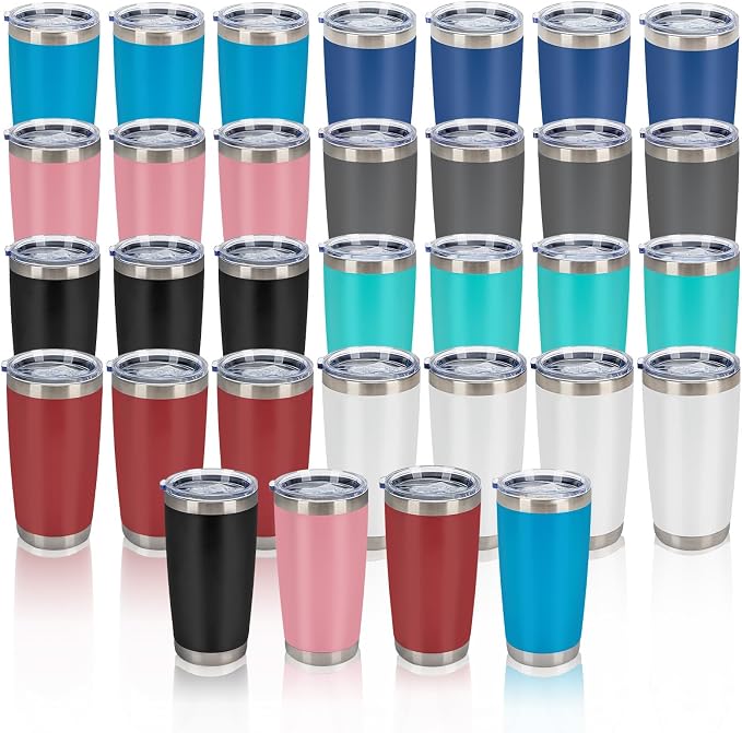 IEOVIEE 32 Pack, 20oz Stainless Steel Bulk Tumblers with Lids and Straws, Double Wall Insulated Travel Coffee Mug, Durable Powder Coated Tumbler Bulk Cup for Cold and Hot Drinks(Mixed Color) by IEVOIEE