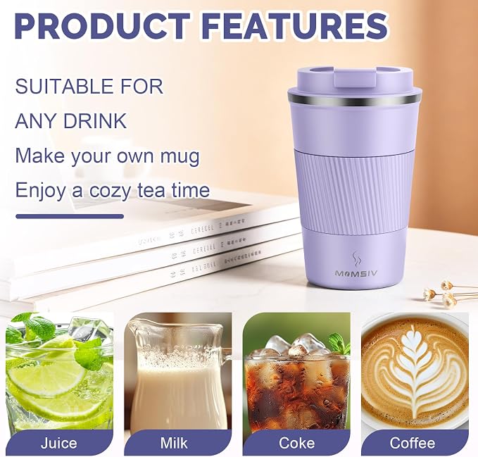 MOMSIV 12oz Travel Mug, Insulated Coffee Cup with Leakproof Lid, Vacuum Stainless Steel Double Walled Reusable Tumbler for Hot and Cold Water Coffee and Tea In Travel and Car - Image 4