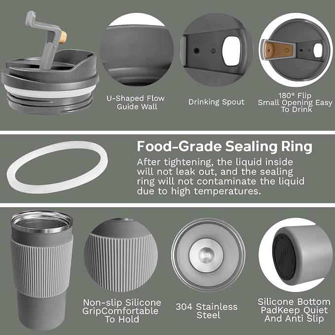 YINBAOGE Upgraded Insulated Travel Coffee Mug, Spill Proof & Leak Proof, Portable Camping Stainless Steel Tumbler, Reusable Thermal Coffee Cup with Lid for Hot & Cold Drinks(4th-Gray, 15OZ) - Image 3