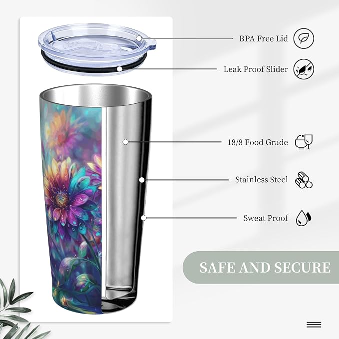 Sunflower Tumbler with Lid and Straw 20oz Vacuum Insulated Coffee Cup Stainless Steel Tumblers Leakproof Travel Mug Present for Women Men - Image 3