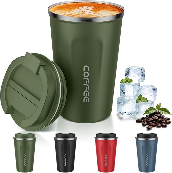 MOMSIV 12oz Travel Mug, Insulated Coffee Cup with Leakproof Lid, Vacuum Stainless Steel Double Walled Reusable Tumbler for Hot and Cold Water Coffee and Tea In Travel and Car Armygreen by MOMSIV