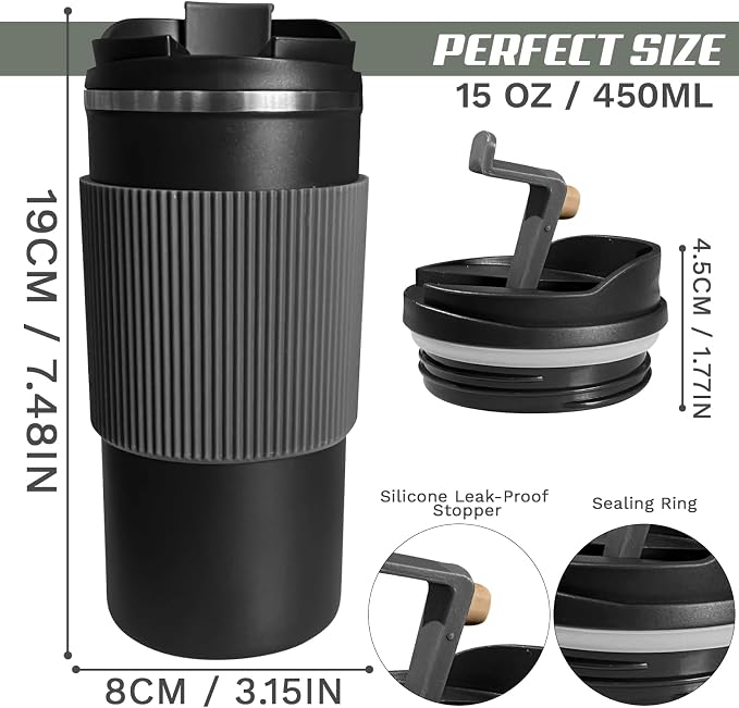 YINBAOGE Upgraded Insulated Travel Coffee Mug, Spill Proof & Leak Proof, Portable Camping Stainless Steel Tumbler, Reusable Thermal Coffee Cup with Lid for Hot & Cold Drinks (4th-Black, 15OZ) - Image 2