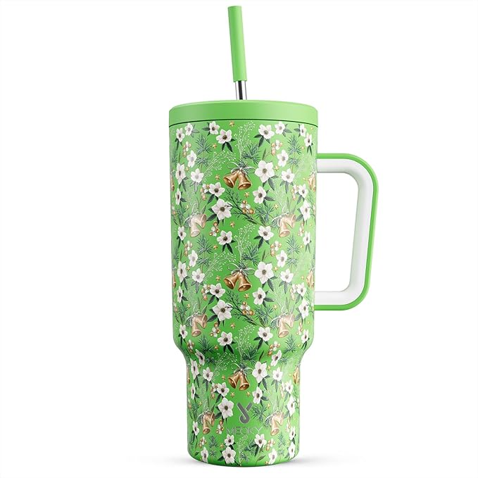 Meoky 40 oz Christmas Tumbler with Handle and Straw, Xmas Tumbler with Lid and Straw, Insulated Stainless Steel Travel Mug, Christmas Gifts for Women Men Adults (Jingle Bloom) by MEOKY