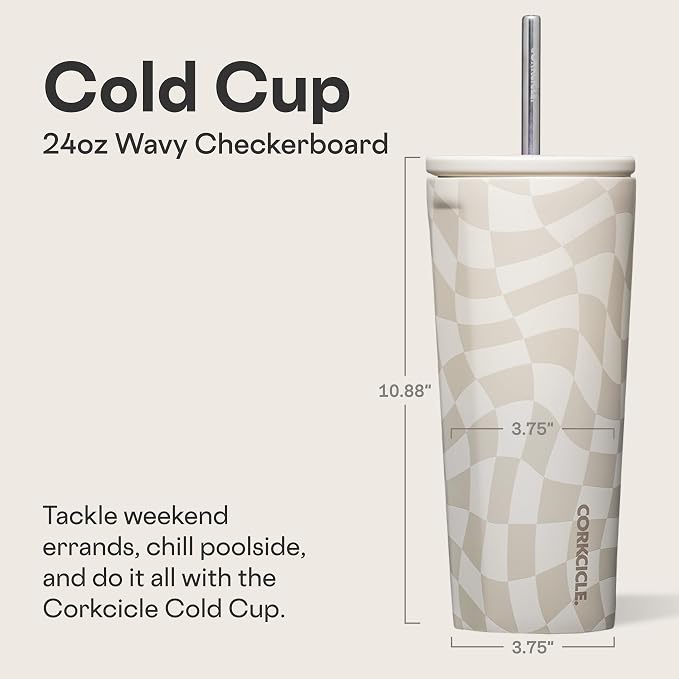 Corkcicle Cold Cup - Triple Insulated Tumbler with Straw - 12 Hours Cold - Leak-Resistant Lid - Easy Grip - Non-Slip Bottom - Summer Drinkware Gift - Keeps Drinks Ice Cold - 24 oz - Wavy Checkerboard - Image 2