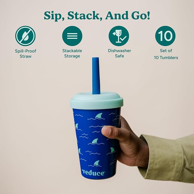 REDUCE GoGo's Kids Portable Tumbler Cups with Lids and Spill-Proof Straws - 10 Pack of Stackable 12 oz Tumblers with Twist-On Lids - Easy Storage, Dishwasher Safe - Club House - Image 2