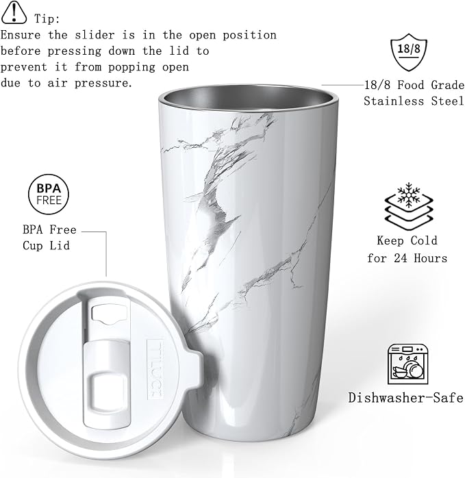 TILUCK 20 oz Insulated Tumbler with BPA-Free Lid, Stainless Steel Vacuum Travel Coffee Mug, Double Wall Coffee Tumbler（20oz，Marble） - Image 2