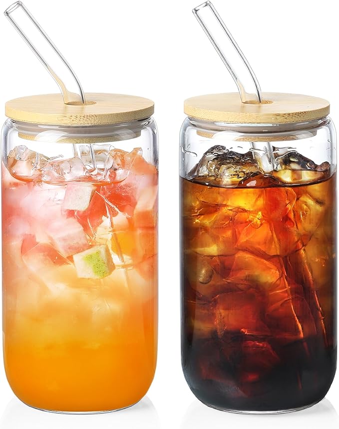 2 Pack Glass Cups with Bamboo Lids and Straws 16 oz, Gifts for Women, Drinking glasses set, Iced Coffee, Tea Cup, Cute Aesthetics Tumbler Cup, Mothers Day, Birthday Gifts for Her Mom by NETANY