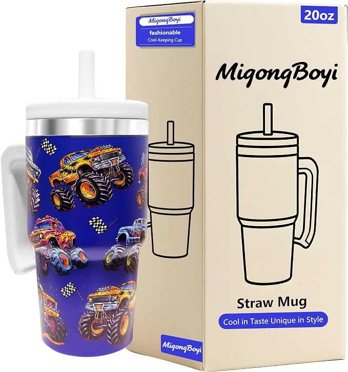 2PCS 20-OZ Insulated Water Bottle,Insulated Stainless Steel Tumbler,Reusable Cold Drink Thermos,BPA-Free, Double-Wall Stainless Steel Water Bottle (Dark blue-Monster trucks, 20, Fluid Ounces) by Unknown