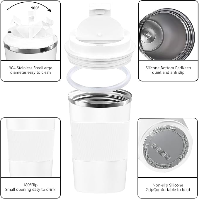YINBAOGE Insulated Travel Coffee Mug, Spill & Leak Proof, Portable To Go Camping Stainless Steel Coffee Tumbler, Reusable Thermal Coffee Cup with Lid for Hot & Cold Drinks (White, 12 OZ) - Image 2