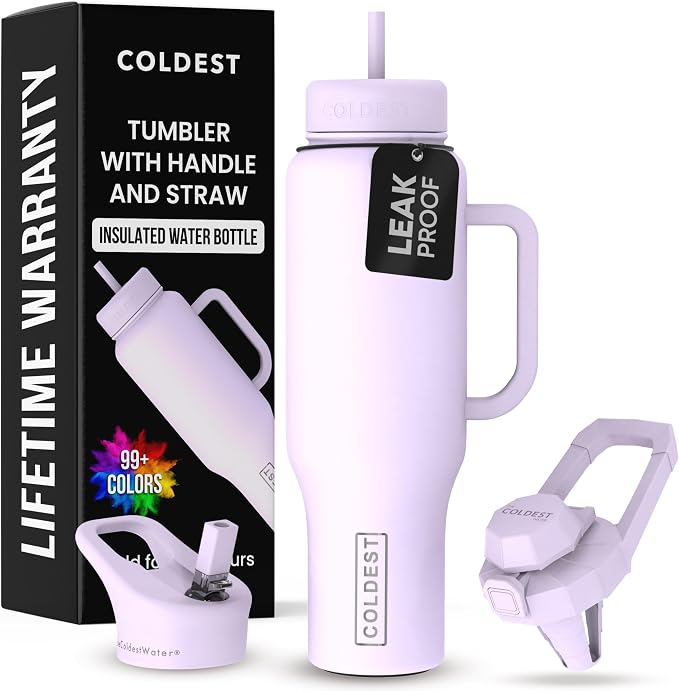 Coldest Tumbler with Handle and Straw - 100% Leak Proof Insulated Tumbler with Lid and Straw (3 Lids) - Stainless Steel Tumblers for Women & Men - Cup Holder Friendly Base, 46 oz (Lilac Blue) by Coldest
