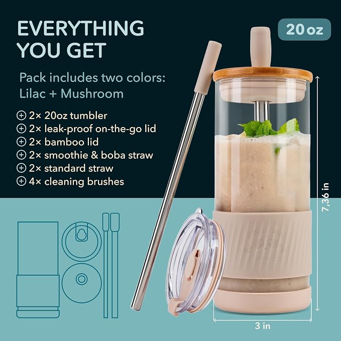 Pandaloo® Glass Cups With Lids and Straws -20 Fl Oz- Perfect Size Iced Coffee Cup - Smoothie Cup With Bamboo Lid and On the go Lid - Glass Tumbler (2 Count (Pack of 1), Lilac-Creamy Mushroom) - Image 2