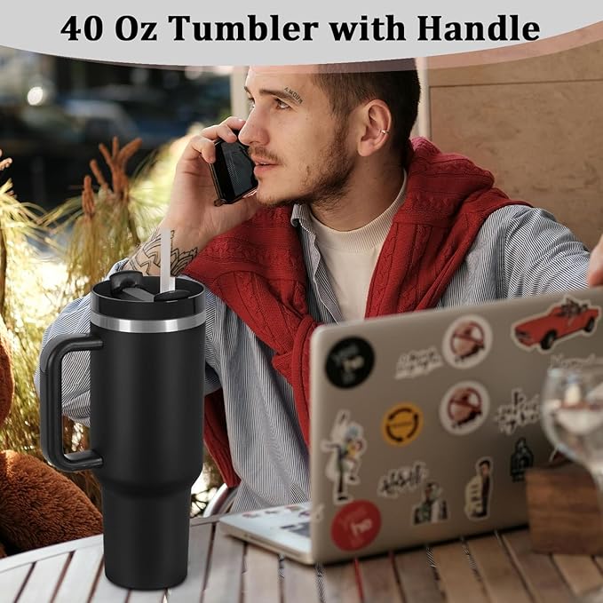 4 Pack 40 Oz Tumbler with Handle Bulk, Double Wall Vacuum Insulated Stainless Steel Tumbler with Lid and Straw, 40 oz cup with Silicone Spill Proof Stopper Set (Black) - Image 7