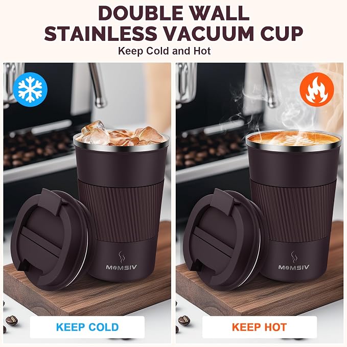 MOMSIV 12oz Travel Mug, Insulated Coffee Cup with Leakproof Lid, Vacuum Stainless Steel Double Walled Reusable Tumbler for Hot and Cold Water Coffee and Tea In Travel and Car (Brown) - Image 3
