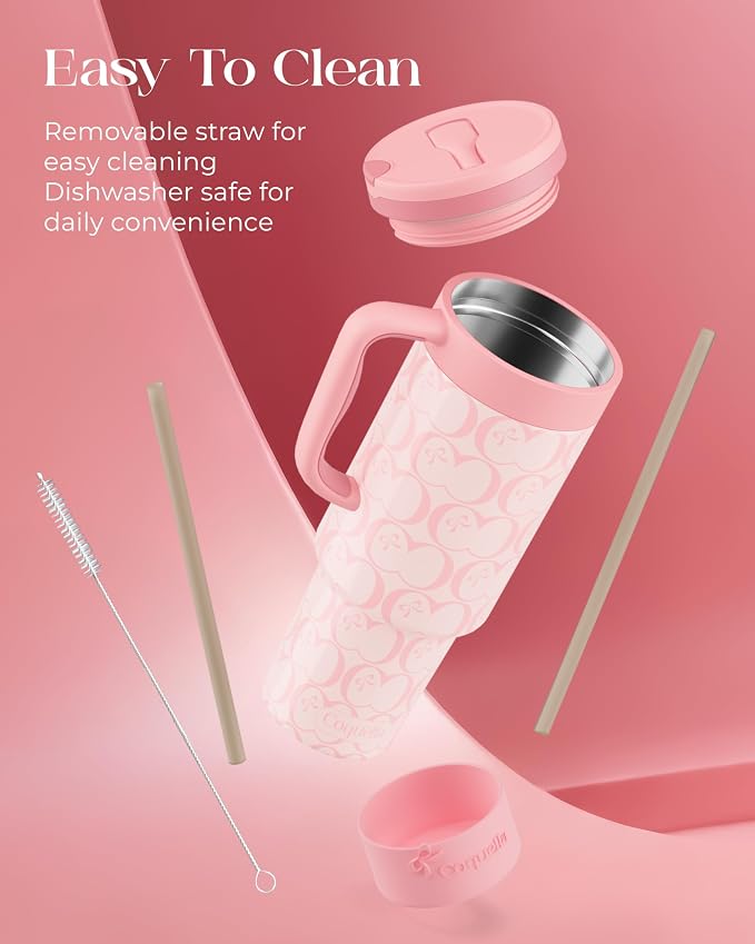 40 oz Insulated Tumbler with Handle and Push-Button Straw Lid, Stainless Steel Travel Cup for Gym Office, Leakproof, BPA-Free, Cup Holder Friendly, Bow Silicone Boot, Pink (C’ Blush) - Image 6