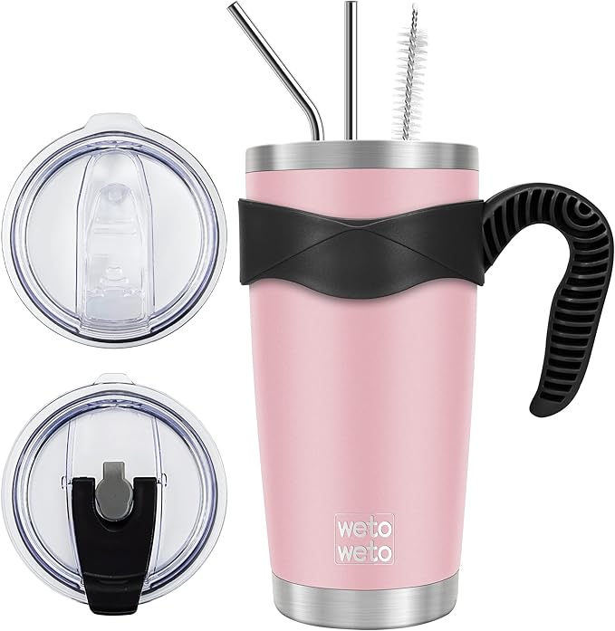 WETOWETO 20oz Tumbler with 2 lids and 2 straws, Stainless Steel Vacuum Insulated Water Coffee Tumbler Cup with Handle, Double Wall Powder Coated Travel Mug Thermal Cup (Ice Pink, 1 Pack) by Wetoweto