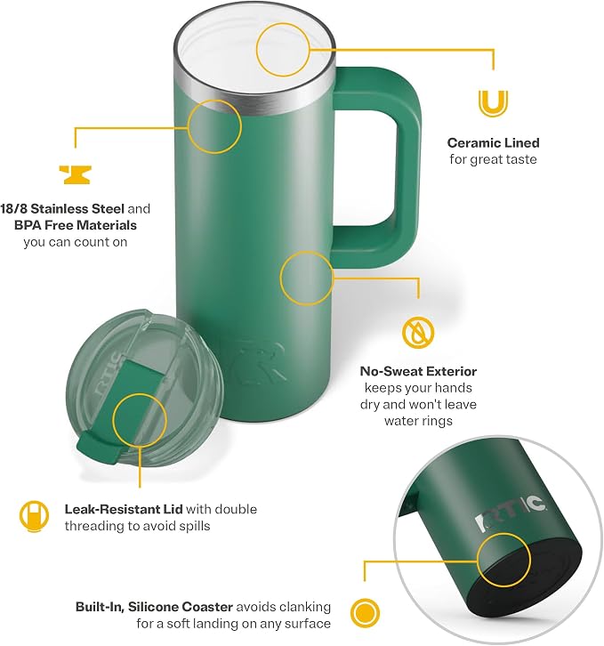RTIC 20oz Road Trip Travel Mug with Lid and Handle, Ceramic Lined, Insulated, Stainless Steel, Metal, Double Wall Vacuum-Insulation, Portable Coffee, Tea Cup for Hot and Cold Drink, Pine Tree - Image 4