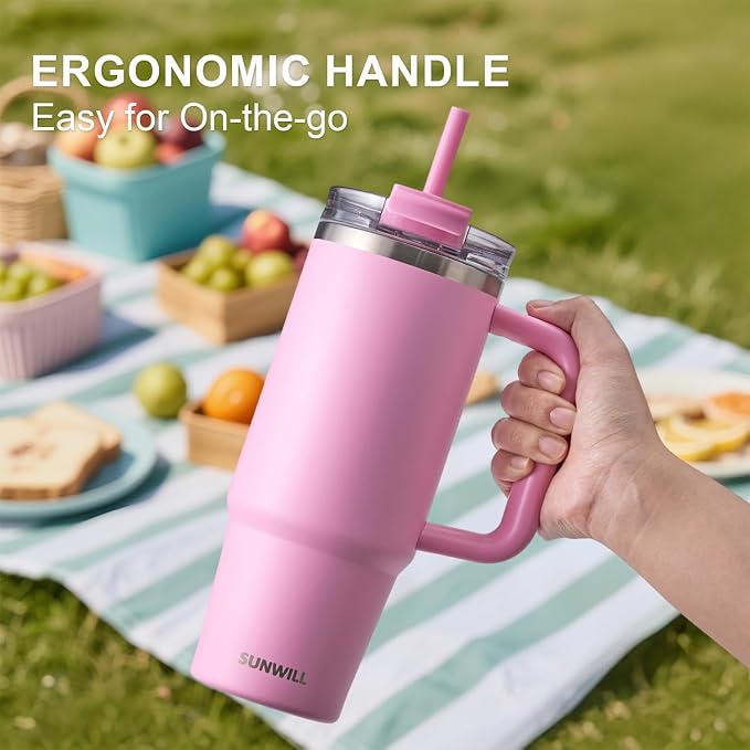 SUNWILL Coffee Tumbler with Handle, 30 oz Travel Mug with Lid and Straw Insulated, Stainless Steel Cup Leak Proof for Travel & Outdoor, Cupholder Friendly, Powder Coated Pink - Image 5