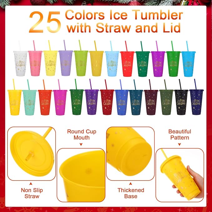 Honeydak 50 Pcs 24oz Christmas Cup Tumbler with Straw and Lid, Bulk Christmas Gifts, Holiday Reusable Plastic Cups, Water Bottle, Iced Coffee Travel Mug Cup for Party - Image 3