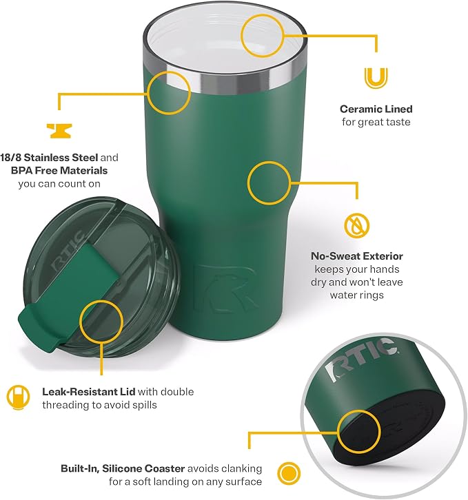 RTIC 20oz Essential Tumbler with Lid, Ceramic Lined, Insulated, Stainless Steel, Metal, Double Wall Vacuum-Insulation, Travel Cup for Iced Coffee, Tea, Hot and Cold Drink, Pine Tree - Image 4