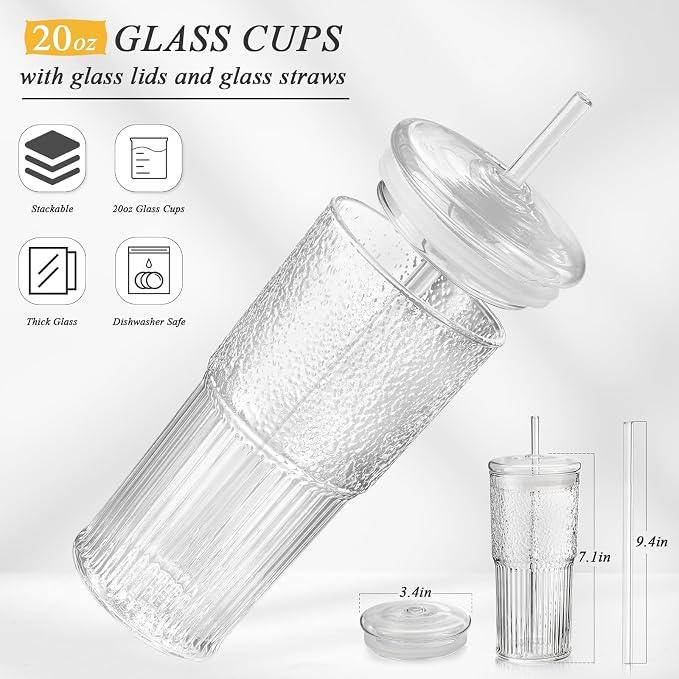 DWTS DANWEITESI Glass Cups with Lids and Straws 4 Pcs,20oz Glasses Drinking Set Vintage Textured Clear Iced Coffee Cups with Lids,Reusable Glass Tumbler with Straw and Lid for Coffee Bar Accessories - Image 7