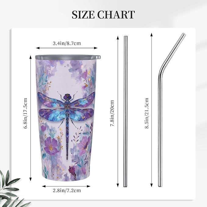 Dragonfly Tumbler with Lid and Straw 20oz Vacuum Insulated Coffee Cup Stainless Steel Tumblers Leakproof Travel Mug Present for Women Men - Image 2