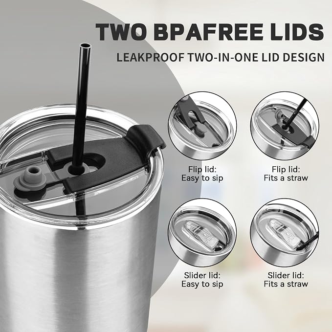 40 oz Tumbler with Lids and Straws, Stainless Steel Insulated Coffee Tumbler, Double Wall Vacuum Insulated Travel Mug Cup, Leakproof Thermal Coffee Cup for Hot and Cold Drinks (Silver) - Image 6