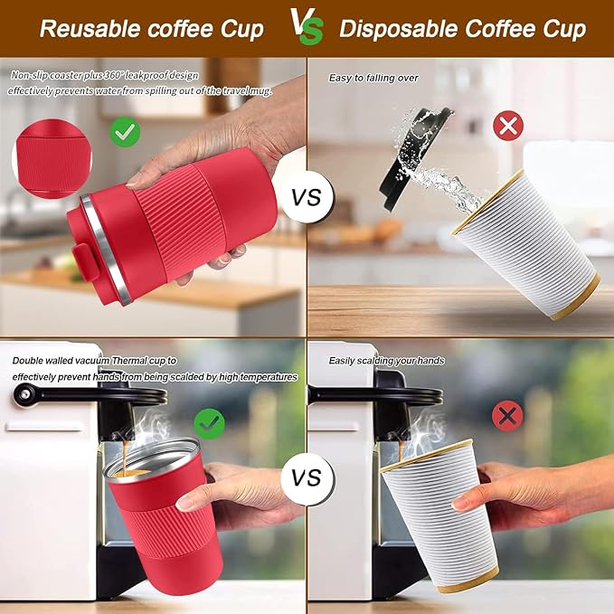 YINBAOGE Insulated Travel Coffee Mug, Spill & Leak Proof, Portable To Go Camping Stainless Steel Coffee Tumbler, Reusable Thermal Coffee Cup with Lid for Hot & Cold Drinks (Red, 17 OZ) - Image 4