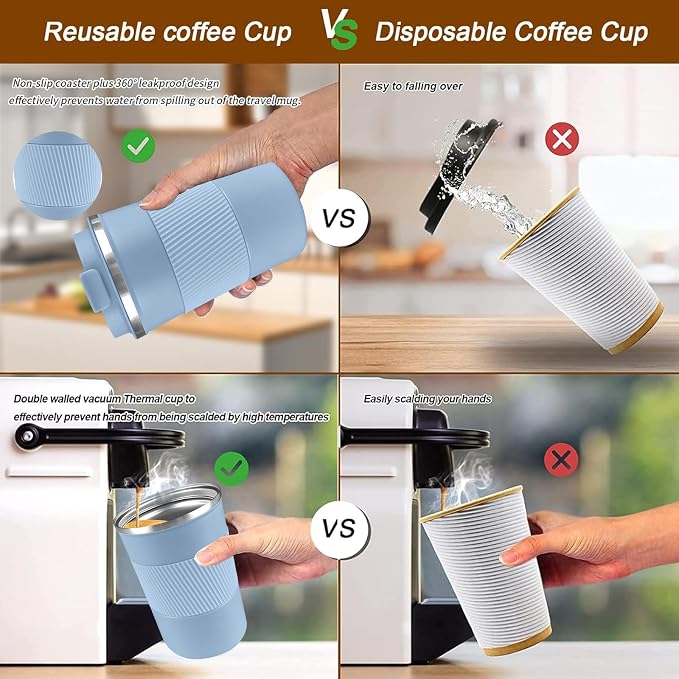 YINBAOGE Insulated Travel Coffee Mug, Spill & Leak Proof, Portable To Go Camping Stainless Steel Coffee Tumbler, Reusable Thermal Coffee Cup with Lid for Hot & Cold Drinks (Light blue, 17 OZ) - Image 4